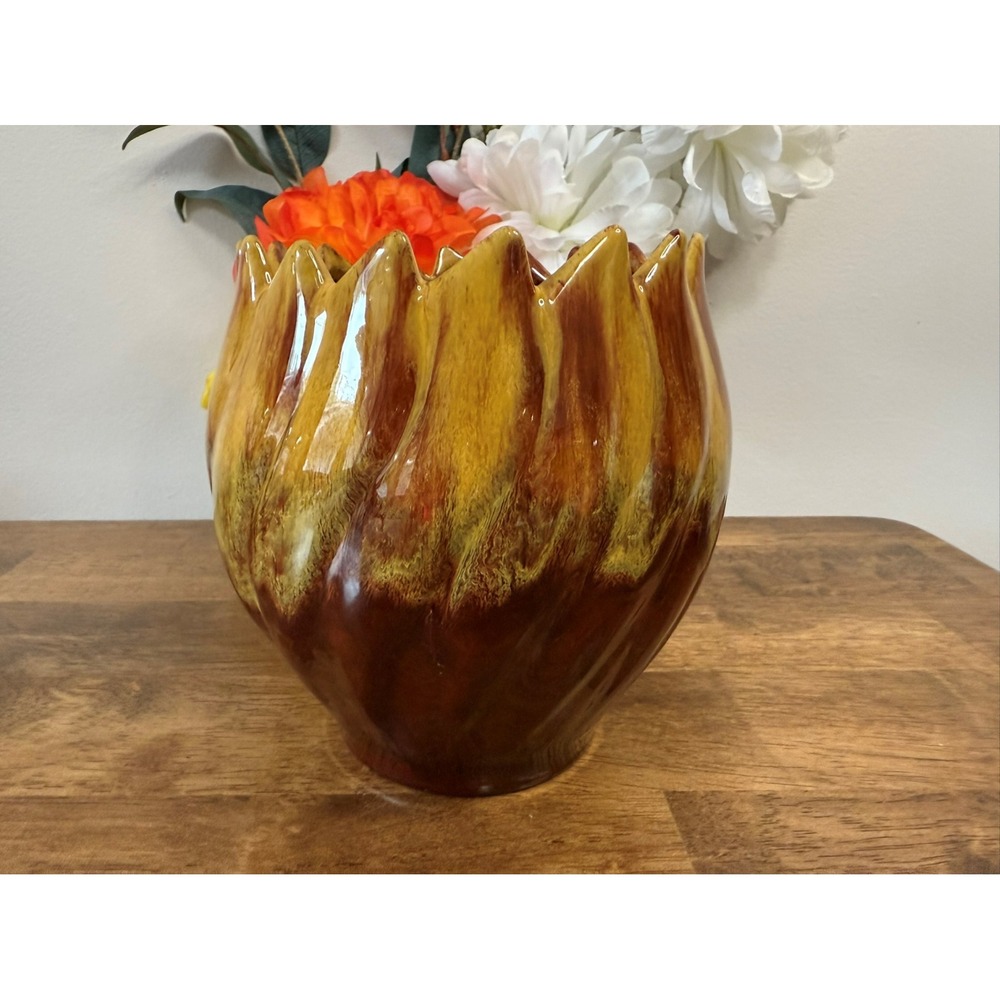 Blue Mountain Pottery BMP Drip Glaze Vase‎ Planter Brown Mustard Yellow Canadian
